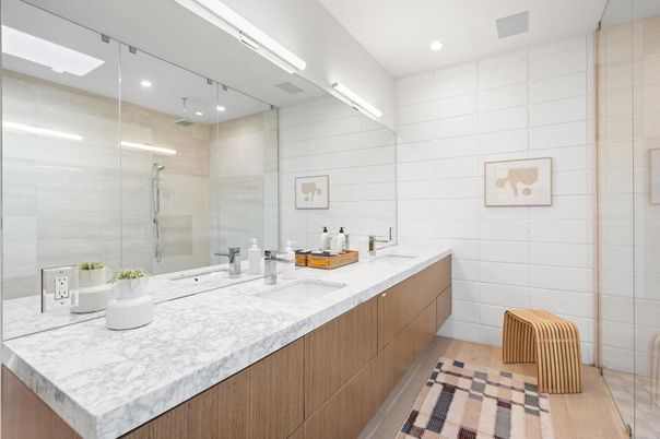 Bathroom, Dual Sink Vanities, Glass Shower, Interior, Recessed Lighting