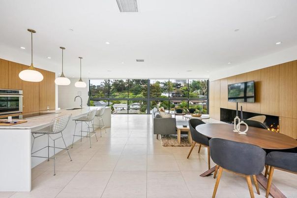 Dining room, Interior, Kitchen, Living room, Pendant Lights, Recessed Lighting, Wooden Walls
