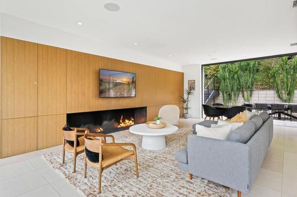 Fireplace, Interior, Living room, Piano, Recessed Lighting, Wooden Walls