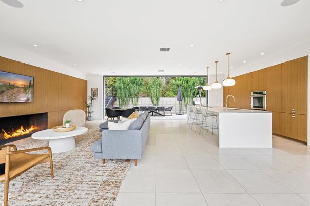 Dining room, Fireplace, Interior, Kitchen, Living room, Pendant Lights, Recessed Lighting, Stainless Steel Appliances, Wooden Walls