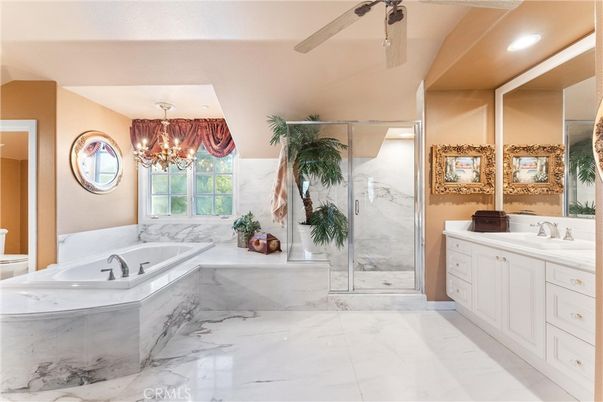 Bathroom, Chandelier, Glass Shower, Interior, Marble, Marble Walls, Recessed Lighting
