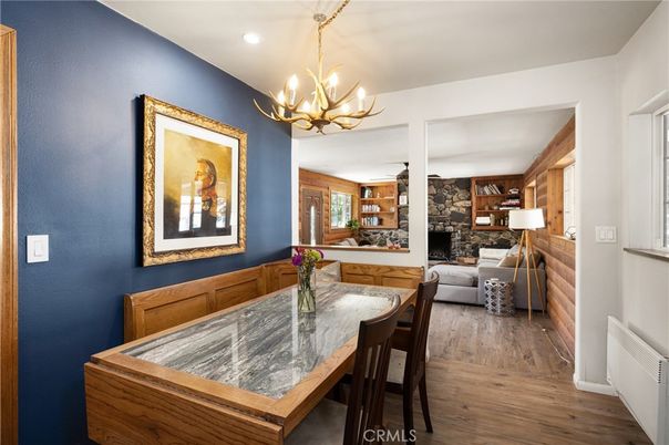Chandelier, Dining room, Interior, Recessed Lighting, Stone Walls, Wood Texture Flooring