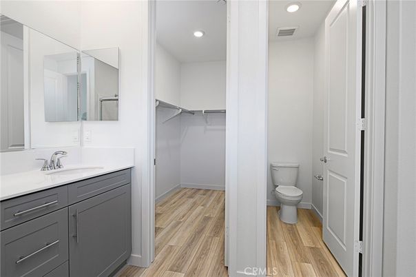 Bathroom, Dual Sink Vanities, Interior, Recessed Lighting, Walk-in Closets, Wood Texture Flooring