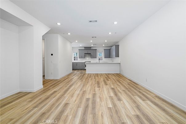 Empty room, Interior, Kitchen, Recessed Lighting, Wood Texture Flooring