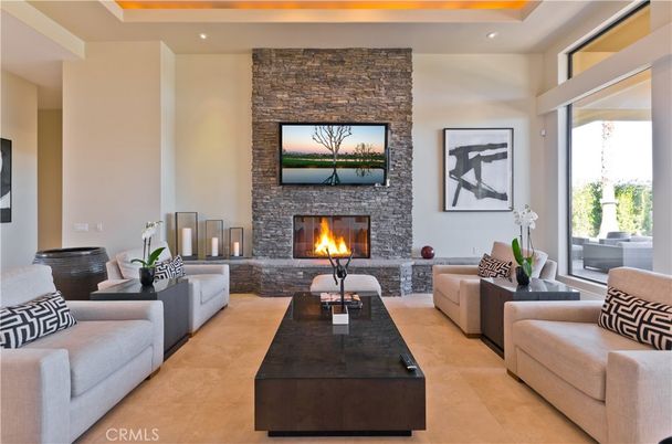 Fireplace, Interior, Living room, Recessed Lighting, Stone Walls