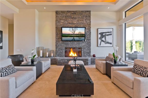 Fireplace, Interior, Living room, Recessed Lighting, Stone Walls