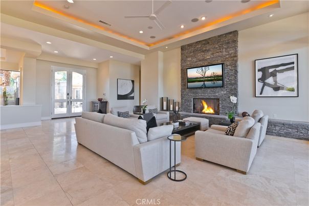 Fireplace, Interior, Living room, Recessed Lighting, Stone Walls