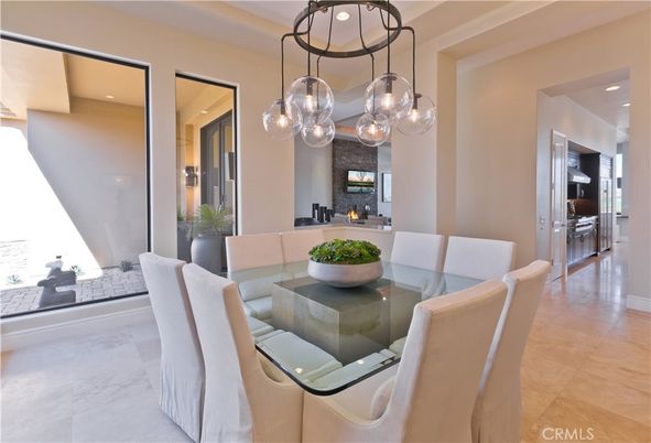 Dining room, Fireplace, Interior, Marble, Pendant Lights, Recessed Lighting