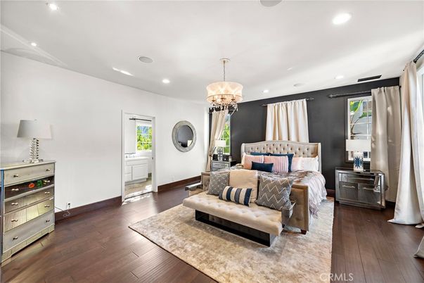 Bedroom, Chandelier, Interior, Recessed Lighting, Wood Texture Flooring