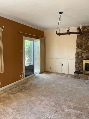 Empty room, Fireplace, Interior, Pendant Lights, Stone Walls