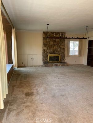 Empty room, Fireplace, Interior, Pendant Lights, Stone Walls
