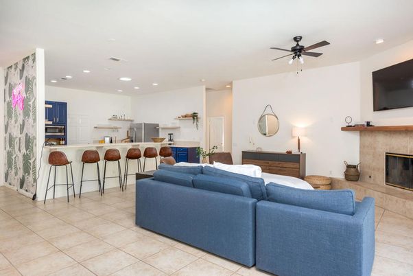Fireplace, Interior, Kitchen, Living room, Recessed Lighting