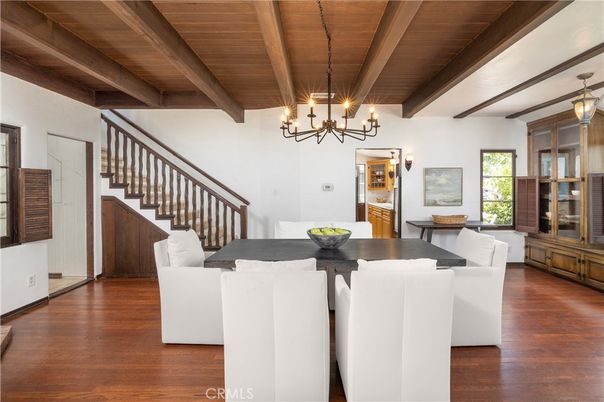 Chandelier, Dining room, Interior, Wooden Beams, Wooden Ceilings, Wood Texture Flooring