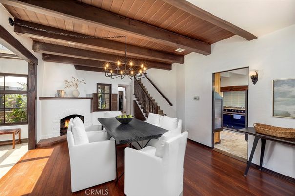 Dining room, Fireplace, Interior, Living room, Pendant Lights, Wooden Beams, Wooden Ceilings, Wood Texture Flooring