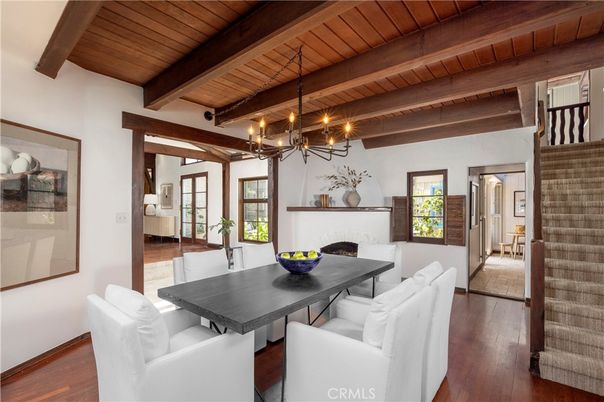 Chandelier, Dining room, Fireplace, Interior, Wooden Beams, Wooden Ceilings, Wood Texture Flooring