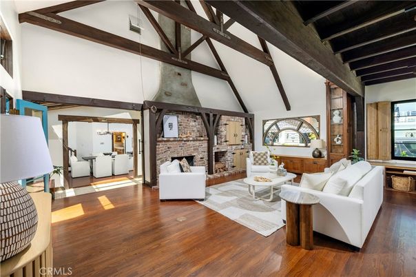 Fireplace, Interior, Living room, Pendant Lights, Stone Walls, Wooden Beams, Wood Texture Flooring