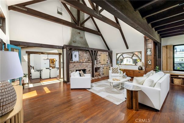 Fireplace, Interior, Living room, Pendant Lights, Stone Walls, Wooden Beams, Wood Texture Flooring