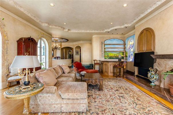 Chandelier, Fireplace, Interior, Living room, Recessed Lighting, Wood Texture Flooring