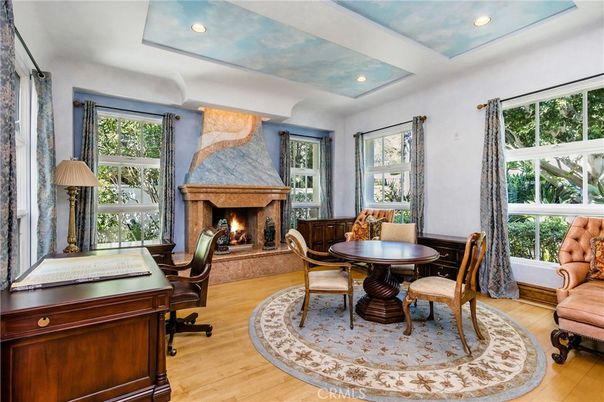 Fireplace, Home Office, Interior, Recessed Lighting, Wood Texture Flooring