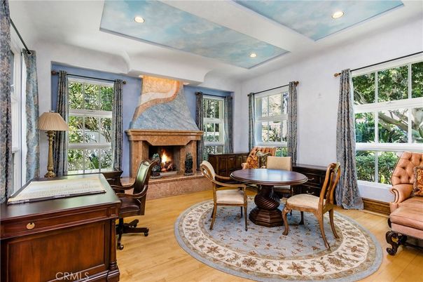 Fireplace, Home Office, Interior, Recessed Lighting, Wood Texture Flooring