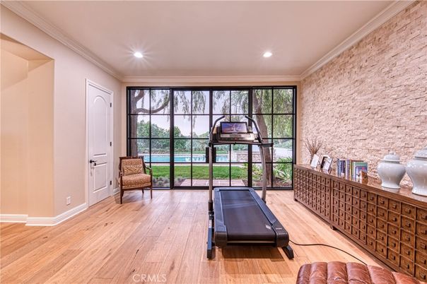 Interior, Recessed Lighting, Stone Walls, Sun Room, Wood Texture Flooring
