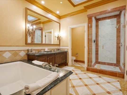 Bathroom, Glass Shower, Interior, Marble Walls, Recessed Lighting