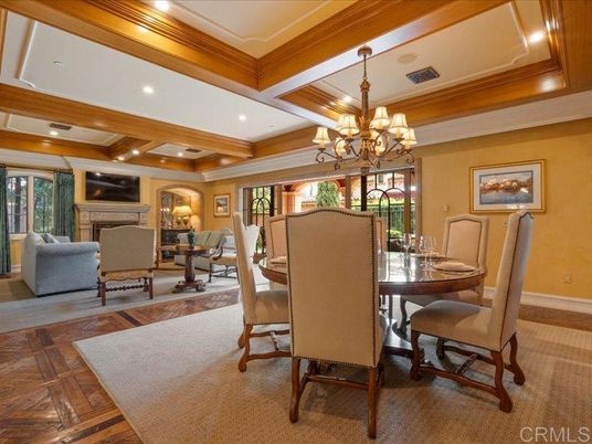 Chandelier, Dining room, Fireplace, Interior, Living room, Recessed Lighting, Wooden Beams, Wood Texture Flooring