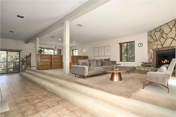 Fireplace, Interior, Living room, Recessed Lighting, Stone Walls