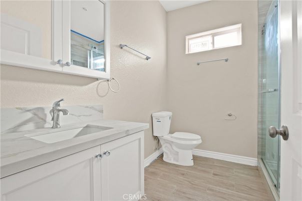 Bathroom, Glass Shower, Interior, Wood Texture Flooring