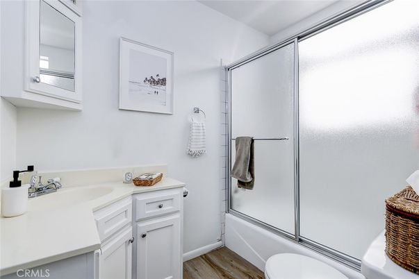 Bathroom, Glass Shower, Interior, Wood Texture Flooring