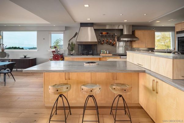 Fireplace, Interior, Kitchen, Recessed Lighting, Stainless Steel Appliances, Wood Texture Flooring
