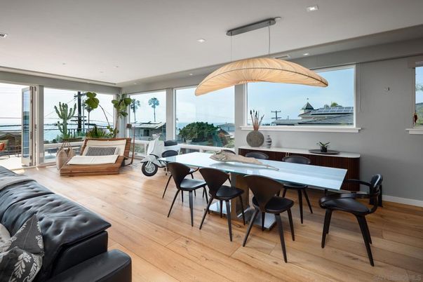 Dining room, Interior, Pendant Lights, Recessed Lighting, Water, Wood Texture Flooring