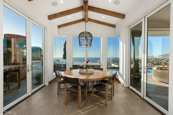 Dining room, Interior, Pendant Lights, Recessed Lighting, Water, Wooden Beams, Wood Texture Flooring