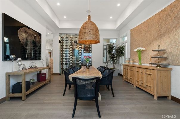 Dining room, Interior, Pendant Lights, Recessed Lighting, Wine Storage, Wood Texture Flooring