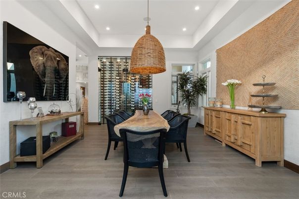 Dining room, Interior, Pendant Lights, Recessed Lighting, Wine Storage, Wood Texture Flooring