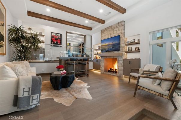 Fireplace, Interior, Living room, Recessed Lighting, Stone Walls, Wooden Beams, Wood Texture Flooring