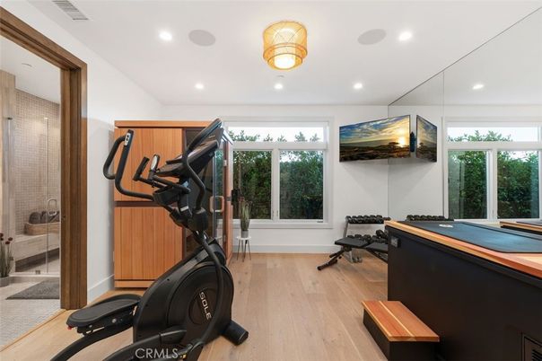 Billiard Table, Fitness Equipment, Game Room, Interior, Recessed Lighting, Wood Texture Flooring