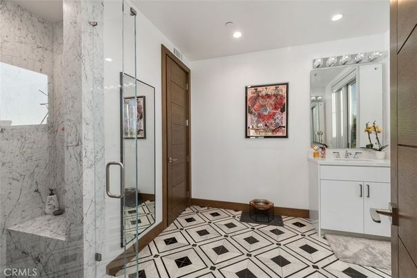 Bathroom, Glass Shower, Interior, Marble Walls, Recessed Lighting
