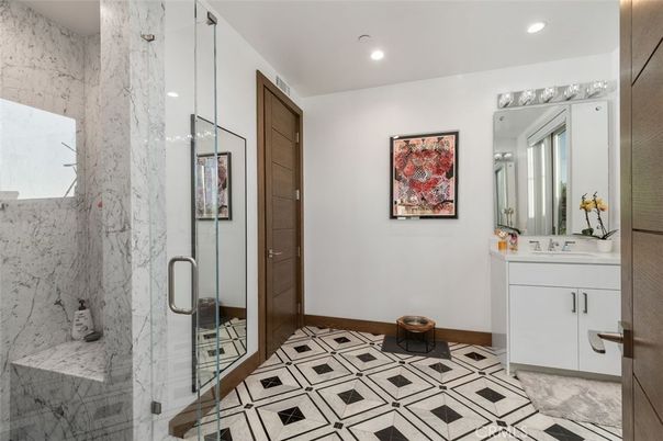 Bathroom, Glass Shower, Interior, Marble Walls, Recessed Lighting