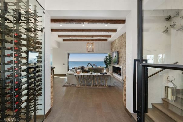 Fireplace, Interior, Recessed Lighting, Stone Walls, Water, Wine Storage, Wooden Beams, Wood Texture Flooring