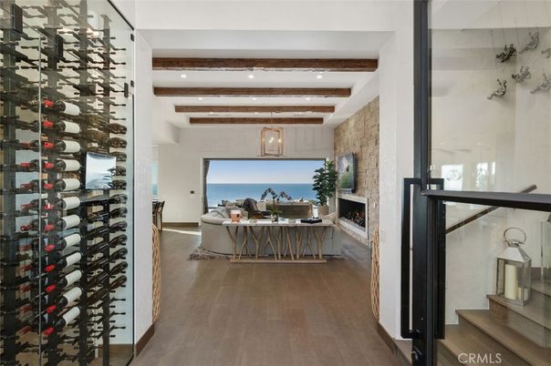 Fireplace, Interior, Recessed Lighting, Stone Walls, Water, Wine Storage, Wooden Beams, Wood Texture Flooring