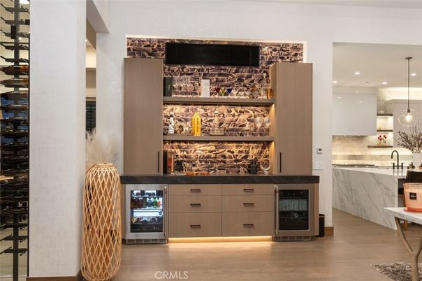 Interior, Kitchen, Pendant Lights, Recessed Lighting, Wine Storage, Wood Texture Flooring