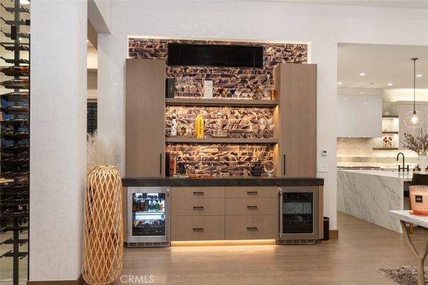 Interior, Kitchen, Pendant Lights, Recessed Lighting, Wine Storage, Wood Texture Flooring
