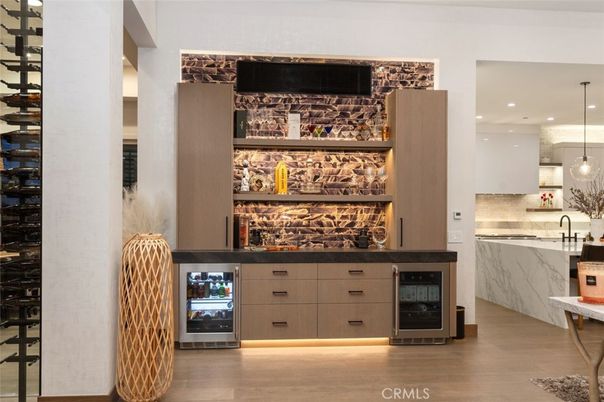 Interior, Kitchen, Pendant Lights, Recessed Lighting, Wine Storage, Wood Texture Flooring