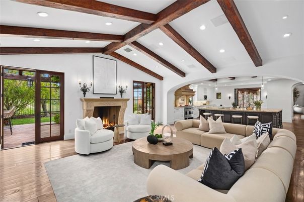 Fireplace, Interior, Kitchen, Living room, Pendant Lights, Recessed Lighting, Wooden Beams, Wood Texture Flooring