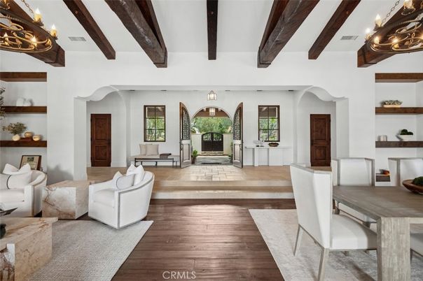Chandelier, Dining room, Fireplace, Interior, Wooden Beams, Wood Texture Flooring