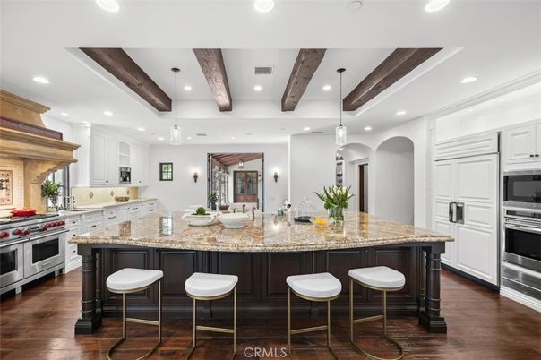 Interior, Kitchen, Pendant Lights, Recessed Lighting, Stainless Steel Appliances, Wooden Beams, Wood Texture Flooring