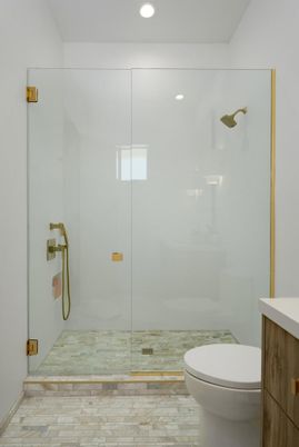 Bathroom, Glass Shower, Interior, Recessed Lighting, Wood Texture Flooring