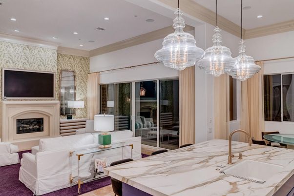 Fireplace, Interior, Kitchen, Living room, Pendant Lights, Recessed Lighting