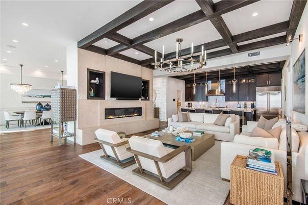 Dining room, Fireplace, Interior, Kitchen, Living room, Pendant Lights, Recessed Lighting, Stainless Steel Appliances, Wooden Beams, Wood Texture Flooring